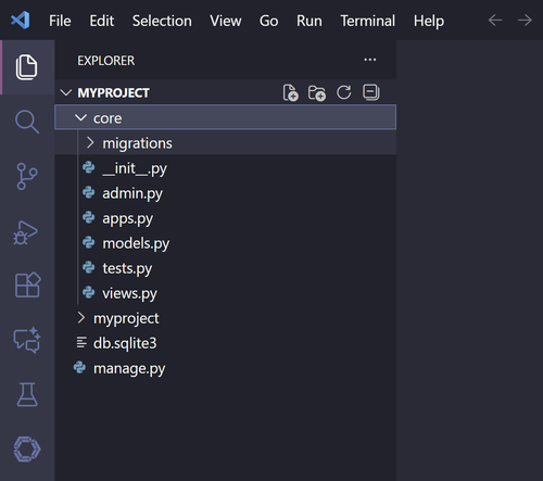 Django project structure with newly created 'core' app.